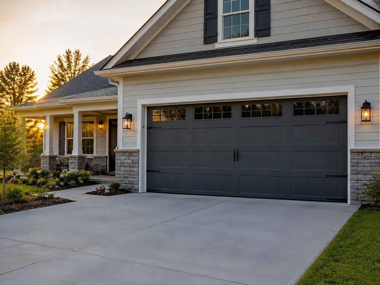 Suburban home with a newly installed charcoal carriage-style double garage door